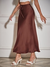 economico Gonne Formali-Per donna Gonne in raso Elegante Moda Maxi Vita Alta Gonne Semplice Coulisse Micro-elastico Feste Data Nero Blu marino Marrone chiaro Marrone Estate