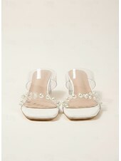 cheap Slide Sandals-Women's Clear PVC Heels with Pearl Accents and Block Heel, Perfect for Weddings and Formal Events