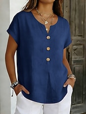 baratos Blusas Simples-Mulheres Blusa Botões Côr Sólida à moda Básico Casual Manga Curta Decote V Tops regulares Diário Azul Preto Branco Rosa Roxo Verão Primavera
