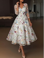  Linea ad A Lunghezza alla caviglia Abiti da Cocktail Elegante Vintage Floreale Mezza Manica Scollo a V Festa in giardino Matrimonio Raso Tulle con Fiore ricamato Pieghe Ricamo