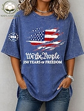 voordelige Onafhankelijkheidsdag Top-T-shirt voor dames, 100% katoen, Amerikaanse Onafhankelijkheidsdag, vintage, gewassen, print, grafische vlag, Amerikaanse vlag, stijlvol, basic, klassiek, korte mouwen, ronde hals, normale pasvorm, casual, dagelijks, blauw