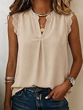 billiga Enkel tank-Dam Spetsskjorta Blus Chiffong toppar Lappverk Slät Elegant Semester Ärmlös V-hals Långa toppar Ledigt Vitt mönster Rodnande Rosa Grön Beige Sommar