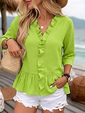tanie Gładkie bluzki-Koszula damska 100% bawełniana bluzka koszula z falbanami patchwork jednolity kolor casualowa stylowa klasyczna nowoczesna długi rękaw dekolt w serek regularne bluzki na co dzień wakacje na wyjście