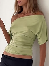  Per donna Top con spalle scoperte Maglietta Top da uscita Grafico Semplice Vintage Elegante Manica Corta Asimmetrico Senza Spalle Top Regolari Casuale Spiaggia Estate Nero Bianco Verde Estate