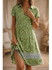 cheap Boho Dress-Women's Knee Length Dress A Line Dress Vacation Casual Boho Beach Regular Fit Floral Graphic Short Sleeve V Neck Blue Pink Purple Green Summer Spring