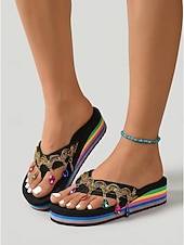 abordables Femmes-Tongs compensées arc-en-ciel pour femmes ornées de cristaux – sandales de plage bohèmes pour les vacances d'été