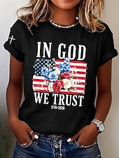  Dia da Independência Americana Mulheres Camiseta Imprimir Floral Gráfico Bandeira à moda Clássico Casual Manga Curta Gola Redonda Decote Redondo Tops regulares Casual Diário Preto Vermelho Verão