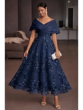 abordables Vestidos de cóctel-Corte A Vestido Midi Vestidos de coctel Elegante Vintage Floral Manga Corta Hombros Caídos Fiesta de jardin Boda Organdí Tul Espalda desnuda con Estampado flor Flor bordada Plisado