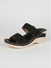 ieftine Sandale tip slide-sandale de damă cu pană cu ornamente florale și suport confortabil pentru arc - perfecte pentru ieșirile casual de vară