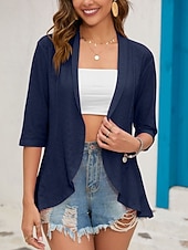 זול ז'קטים מזדמנים-בגדי ריקוד נשים ז'קט קז'ואל נוח נושם לגזור יום יומי אחיד חופשה רחוב לבוש יומיומי ליציאה חזית פתוחה רגיל ללא צווארון רגיל שרוול 4\3 הלבשה עליונה שחור לבן ורוד מסמיק אביב סתיו