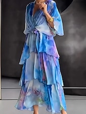 preiswerte Elegante Blumenkleider-Damen Midikleid Chiffonkleid Stufenkleid Druckkleid Mode Modern Urlaub Ausgehen Wochenende Normale Passform Abstrakt Kurzarm V Ausschnitt Blau Gelb Purpur Orange Sommer Frühling