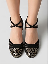 economico Scarpe da ballo di sala e danza moderna-Scarpe da ballo da sala da donna con stampa leopardata – tacco standard a punta tonda con cinturino alla caviglia, per allenamento professionale &amp; prestazione