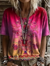 cheap Boho tee-Music Festival Women's T Shirt Print Floral Graphic Plants Vintage Stylish Casual Short Sleeve Crew Neck Round Neck Long Tops Casual Daily Yellow Pink Summer Spring