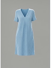 preiswerte Luxuskleider-Mini-Kleid aus Baumwolle und Leinen für Damen, lässiges Sommerkleid, locker geschnitten, kurzärmelig, V-Ausschnitt, gelb, hellgrün, himmelblau, grün