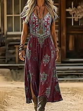 economico Abito Boho Etnico-Per donna Abito Midi Abito Boho Vestito Casual Abito a trapezio Abito Stampato Vintage All'aperto Vacanza Weekend Vestibilità regolare Floreale Grafico Manica Corta Scollo a V Blu Vino Blu scuro