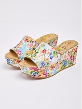 voordelige Slide Sandalen-vakantie citrustuin canvas hoge hak muiltjes