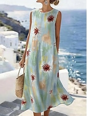 Χαμηλού Κόστους Boho φορέματα-Γυναικείο Midi Φόρεμα Λινά Σαβανί Φόρεμα Αλλαγής Α Γραμμή Φόρεμα Διακοπές Καθημερινό Boho Παραλία Καταστάσεις Κανονική Χαλαρή Φόρμα Λουλουδένιο Γραφικό Χωρίς Μανίκια Crewneck Μπλε Καλοκαίρι Άνοιξη