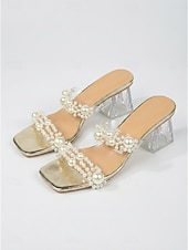 economico Sandali con tacco-Eleganti sandali da donna color argento con decorazioni di perle finte - sandali trasparenti chic per serate in resort e matrimoni in spiaggia &amp;galà estivi