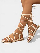 economico Sandali Piani-Women's White Strappy Flat Sandals, Comfortable Vacation &amp; Resort Evening Shoes