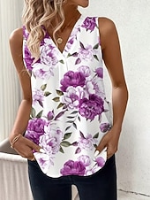 billige Grafisk tank-Women's Tank Top Floral Graphic Plants Elegant Vintage Stylish Sleeveless V Neck Regular Tops Beach Wedding Casual Daily White Light Pink Light Purple Orange Summer Spring