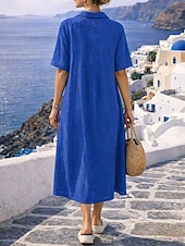 Χαμηλού Κόστους Φορέματα-γυναικείο φόρεμα μίντι βαμβακερό φόρεμα σαν λινό φόρεμα πουκάμισο σε γραμμή a casual καθημερινό φαρδιά εφαρμογή μονόχρωμο κοντομάνικο πέτο μπλε μαύρο κίτρινο ροζ καλοκαίρι άνοιξη φθινόπωρο