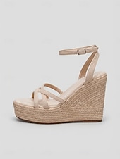 abordables Sandalias de cuña-Sandalias de cuña tipo alpargata para mujer, sandalias de plataforma con tiras y hebilla en el tobillo, zapatos bohemios de verano para la playa, cruceros y vestidos.