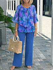  Per donna Set di Pantaloni Manica 3/4 Girocollo Floreale Grafico Elegante Vacanza Casuale Quotidiano Vacanza Rosso Blu Reale Viola Estate Vestibilità regolare