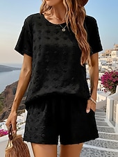 cheap Women's Blouse Suits-Women's Textured Shorts Sets Short Sleeve Round Neck Solid Color Fashion Streetwear Casual Daily Outdoor Blue Black Camel Summer Loose Fit
