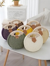 economico Borsette e borse tote-Borsa tote rotonda da donna in paglia, disponibile in diversi colori, ideale per vacanze al mare, viaggi in resort, outfit estivi casual e per un look boho di tutti i giorni.