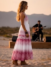  音楽フェスティバル レディース ミディドレス ウエスタン ボヘミアン ビーチ サンドレス Aラインドレス バックレスドレス バケーション カジュアル ホリデー レギュラーフィット グラフィック 幾何学模様 ノースリーブ Vネック ピンク 夏 春 秋