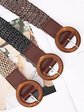 preiswerte Damengürtel-Boho-Taillengürtel für Damen, mehrfarbiger, elastischer Flechtgürtel mit runder Vintage-Holzschnalle – ideal für Strandurlaub, Sommerresort und lässigen Alltag.