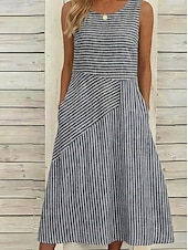  Damen Midikleid Freizeitkleid Gestreiftes Kleid A Linie Kleid Elegant Mode Täglich Urlaub Normale Passform Gestreift Ärmellos Rundhalsausschnitt Blau Schwarz Khaki Sommer Frühling