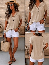 economico T-shirt semplice-Per donna Top estivi Arricciato Bottoni Grafico Semplice Elegante Classico Manica Corta Scollo a V Top lunghi Casuale Quotidiano Abbigliamento da vacanza Bianco Rosa Verde Grigio Azzurro Estate