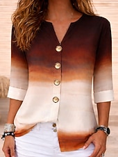 cheap Art&amp;Design Blouses-Women's Shirt Tunic Summer Tops Buttons Ombre Graphic Vacation Vintage Daily Long Sleeve V Neck Regular Tops Casual Daily Holiday Blue Yellow Green Summer Spring Fall