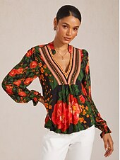 preiswerte Hemden, Tops und Blusen-Midikleid aus floraler Spitze mit V-Ausschnitt und Puffärmeln