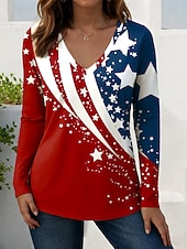 Недорогие День независимости Топ-День независимости Патриотическая женская футболка с длинным рукавом винтажная стильная регулярные топы повседневная выходная печать красный тёмно-синий синий весна предосенний