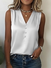  Pentru femei Top din satin Bluză Nasturi Culoare solidă Stilat De Bază Casual Fără manșon În V Topuri obișnuite Casual Zilnic Albastru piscină Alb Bleumarin Kaki Caisă Vară Primăvară
