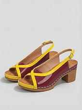 economico Sandali con tacco-Sandali da donna color block con punta aperta e cinturino posteriore e tacco a blocco – comodi sandali estivi in pelle verniciata con tacco, ideali per vacanze, feste in giardino, viaggi e per l'uso
