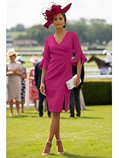 preiswerte Teelänge-Kleid Knielang Derby-Kleid Brautmutterkleid Halbarm V Ausschnitt Elegant Kentucky Derby Stretchstoff mit Falten Gerafft Drapierung