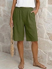 baratos Partes inferiores-Mulheres Calças com toque de linho Bermudas Calças Capri Calção Férias Moda Roupa de rua Comprimento do joelho Cintura Alta Tecido Bolsos Cintura elástica Respirabilidade Confortável Respirável Com