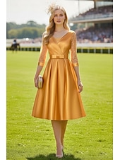 billige Te Lengde-A-Line Te Lengde Festkjole Cocktailkjole Bryllupsgjesterkjole Mor til bruden kjole 3/4 Lengde Ermekraft Crew Neck Elegant Vintage Fest med Blonder Folds