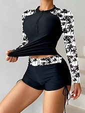 halpa Surfing Tankinit ja Bikinis-Naisten Ihottumissuoja 2-osainen uimapuku Rash guard -suojapaita Kukka Uima-asut Musta UPF 50+ Pitkähihainen - Lainelautailu Hiekkaranta Uinti Kesä