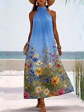  Per donna Abito maxi Vestito Estivo Abito a trapezio Vacanza Spiaggia Vestibilità comoda Floreale Grafico Senza Maniche All'americana Blu Giallo Rosa Estate Primavera