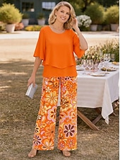 economico Abiti da donna con camicetta-Per donna Set di Pantaloni Manica Corta Mezza Manica A farfalla Girocollo Floreale Grafico Elegante Vacanza Casuale Quotidiano Arancione Verde Beige Primavera &amp; Estate Vestibilità comoda