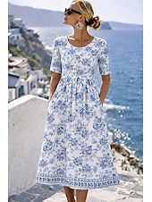 cheap Boho Dress-Women's Midi Dress Shift Dress Vacation Vintage Casual Regular Fit Floral Graphic Bohemian Short Sleeve Crew Neck Blue Yellow Pink Summer Spring