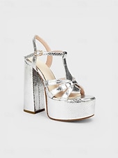 cheap 1970s Disco &amp; Hippie-Women's 1970s Disco Silver Platform Heels - Sparkling Glitter Chunky High Heel Sandals with T-Strap Design for Studio 54 Parties, Nightclub Events &amp; Glam Retro Outfits