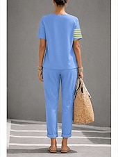 ieftine Costume de bluză de damă-Pentru femei Seturi de lenjerie de bumbac Manșon scurt Rotund Grafic Geometric Elegant Boemia Activ Casual Zilnic Albastru piscină Roz Îmbujorat Kaki Primavara vara Fit regulat