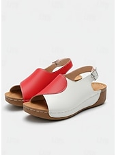 voordelige Platte Sandalen-Rode tweekleurige wedge sandalen voor dames | comfortabele schoenen met voetboogondersteuning voor casual wandelingen, dagelijks gebruik en zomervakanties