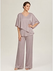 baratos Blusas femininas-Conjunto feminino de calça pantalona com decote em V e sobreposição de chiffon, ideal para casamentos e ocasiões elegantes.