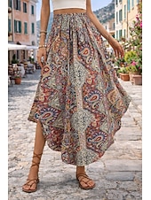 Χαμηλού Κόστους Διακοπές Φούστες-Γυναικεία Φούστα διακοπών Κομψό Βοημία Μοντέρνα Καθημερινό Μίντι Κανονική Μέση Φούστες Γραφική Λαχούρι Κορδόνι Ελαστική μέση Ακανόνιστος γιακάς Ανελαστικό Καθημερινά Διακοπές